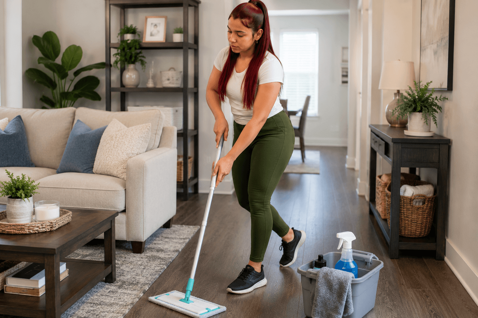 Woman mopping the floor in a bright residential living room