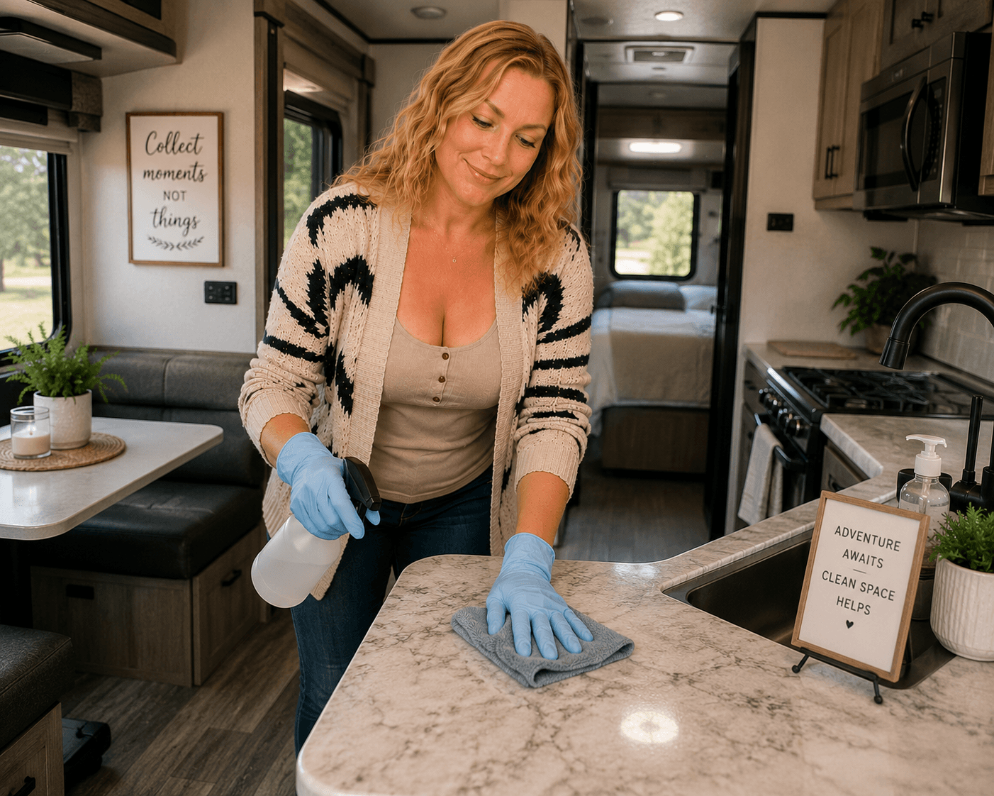 Blonde woman wiping an RV kitchen counter inside a camper